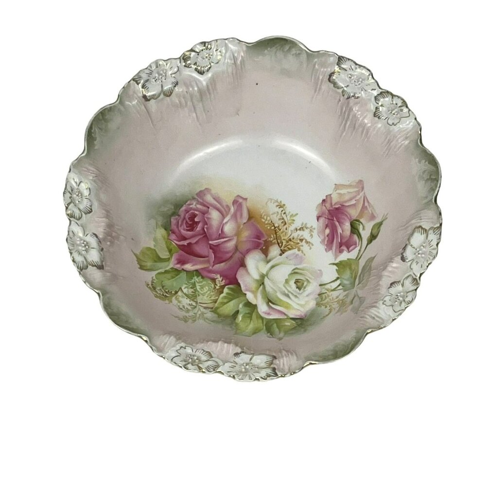 RS Prussia Vintage Antique Decorative Bowl Pink Roses Scalloped Edge 9-1/4"